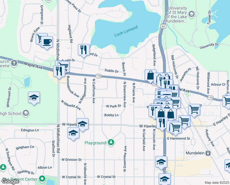 map of restaurants, bars, coffee shops, grocery stores, and more near 618 North Emerald Avenue in Mundelein