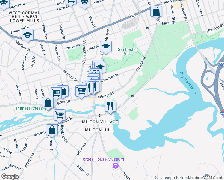 map of restaurants, bars, coffee shops, grocery stores, and more near 1157R Adams Street in Boston