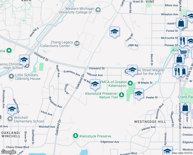 map of restaurants, bars, coffee shops, grocery stores, and more near 1341 Hillcrest Avenue in Kalamazoo