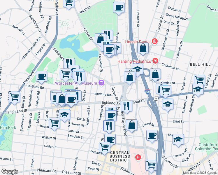 map of restaurants, bars, coffee shops, grocery stores, and more near 39 Grove Street in Worcester