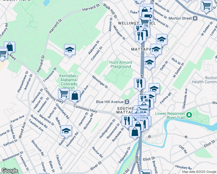 map of restaurants, bars, coffee shops, grocery stores, and more near 25 Messinger Street in Boston