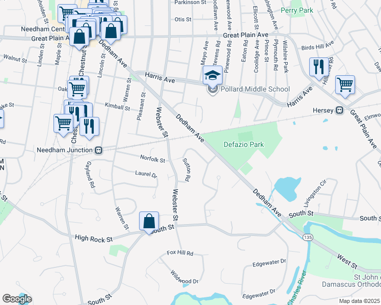 map of restaurants, bars, coffee shops, grocery stores, and more near 105 Sutton Road in Needham