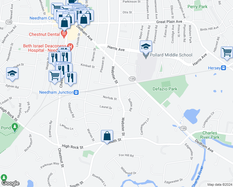 map of restaurants, bars, coffee shops, grocery stores, and more near 1019 Webster Street in Needham