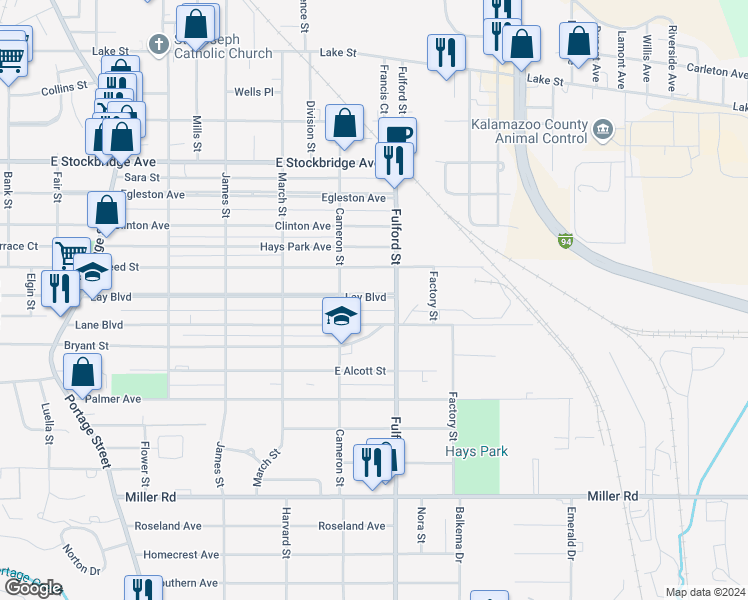 map of restaurants, bars, coffee shops, grocery stores, and more near 1718 Lay Boulevard in Kalamazoo