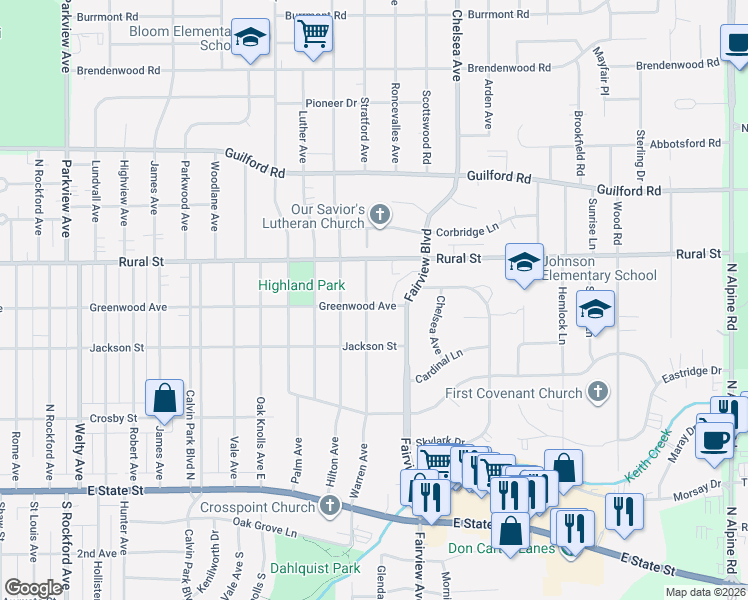 map of restaurants, bars, coffee shops, grocery stores, and more near 3304 Greenwood Avenue in Rockford