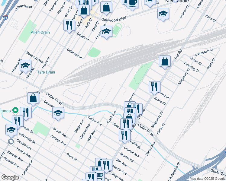 map of restaurants, bars, coffee shops, grocery stores, and more near 19203 Wall Street in Melvindale