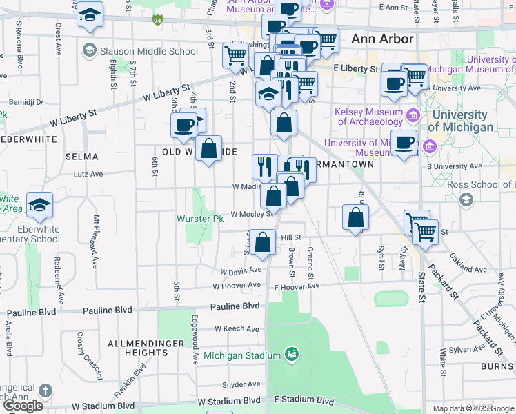 map of restaurants, bars, coffee shops, grocery stores, and more near 631 South 1st Street in Ann Arbor