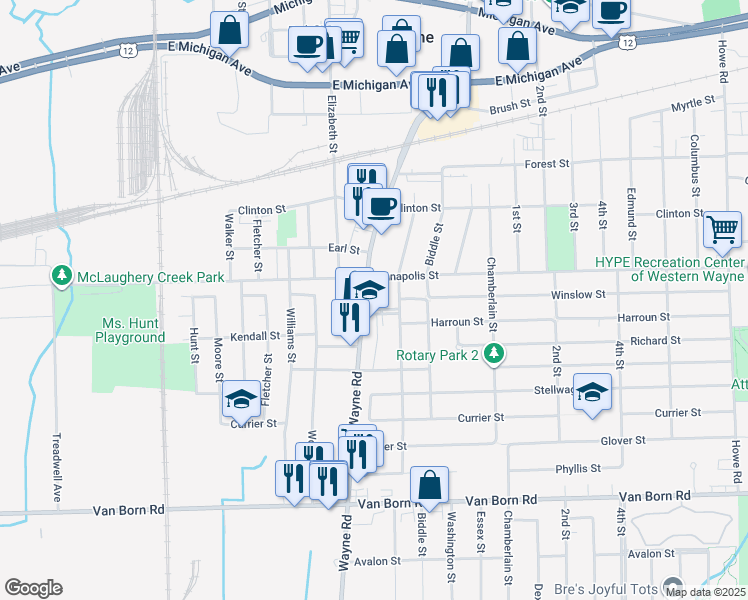 map of restaurants, bars, coffee shops, grocery stores, and more near 4653 South Wayne Road in Wayne