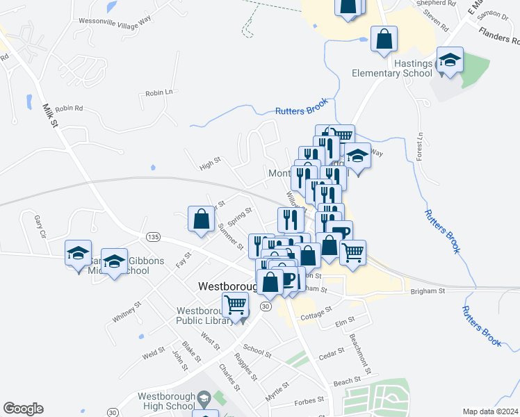 map of restaurants, bars, coffee shops, grocery stores, and more near 19 High Street in Westborough