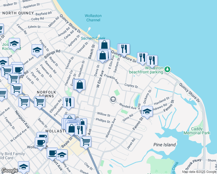 map of restaurants, bars, coffee shops, grocery stores, and more near 63 East Elm Avenue in Quincy