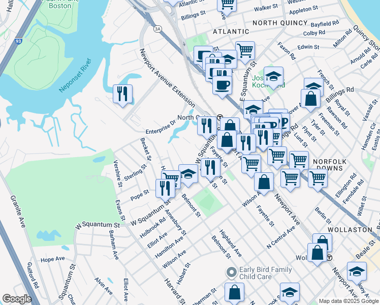 map of restaurants, bars, coffee shops, grocery stores, and more near 115 West Squantum Street in Quincy