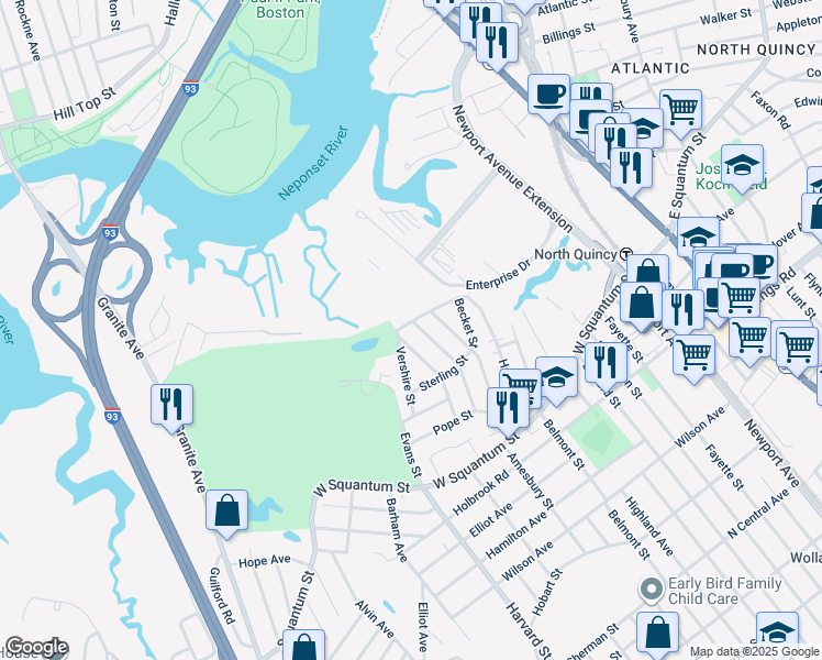 map of restaurants, bars, coffee shops, grocery stores, and more near 6 Ardell Street in Quincy