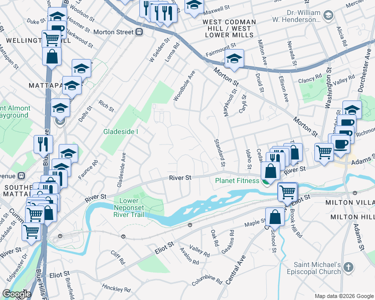 map of restaurants, bars, coffee shops, grocery stores, and more near 249 River Street in Boston