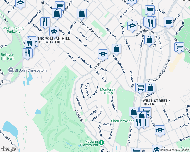 map of restaurants, bars, coffee shops, grocery stores, and more near 600 Beech Street in Boston