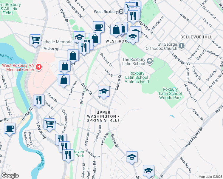 map of restaurants, bars, coffee shops, grocery stores, and more near 10 Bronx Road in Boston