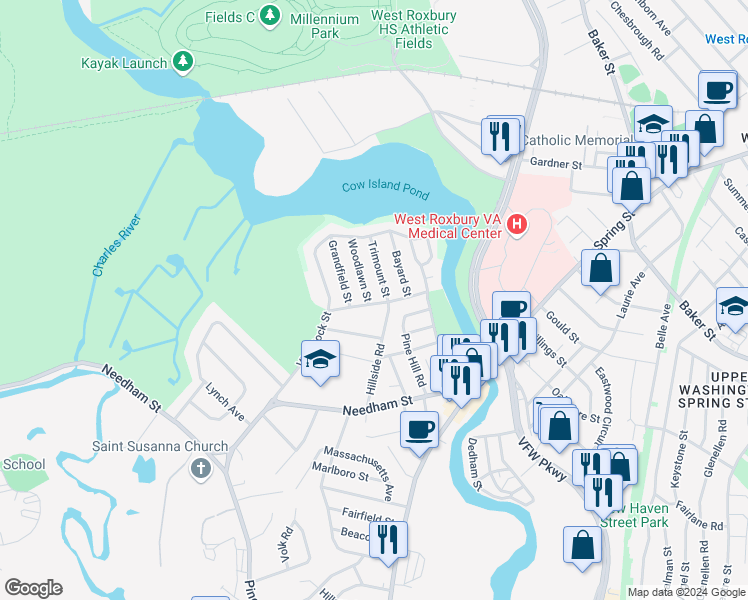 map of restaurants, bars, coffee shops, grocery stores, and more near in Dedham