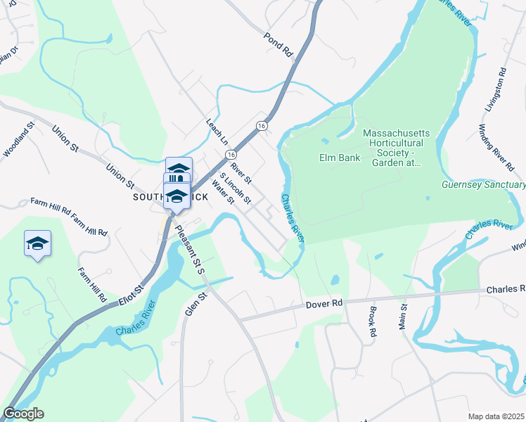 map of restaurants, bars, coffee shops, grocery stores, and more near 33 River Street in Natick