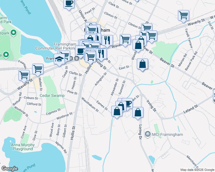 map of restaurants, bars, coffee shops, grocery stores, and more near 22 Pratt Street in Framingham