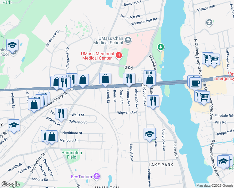 map of restaurants, bars, coffee shops, grocery stores, and more near 8 Rena Street in Worcester