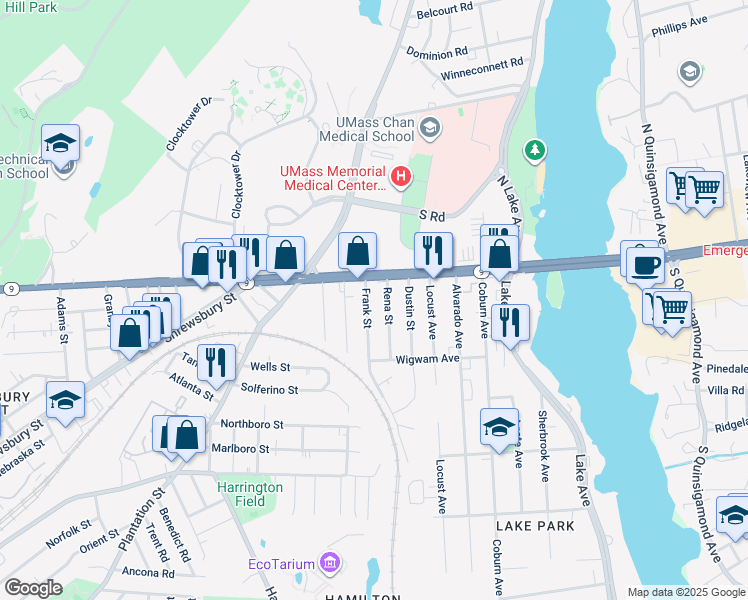 map of restaurants, bars, coffee shops, grocery stores, and more near 8 Rena Street in Worcester