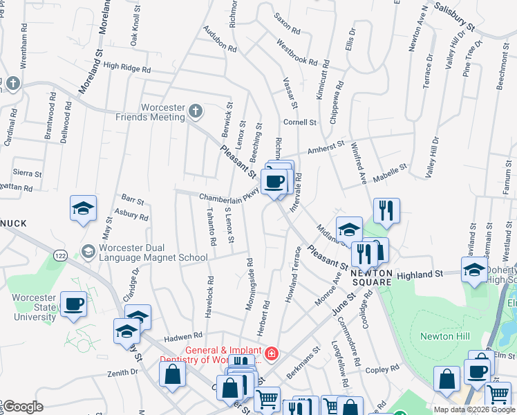 map of restaurants, bars, coffee shops, grocery stores, and more near 4A Saint Elmo Road in Worcester