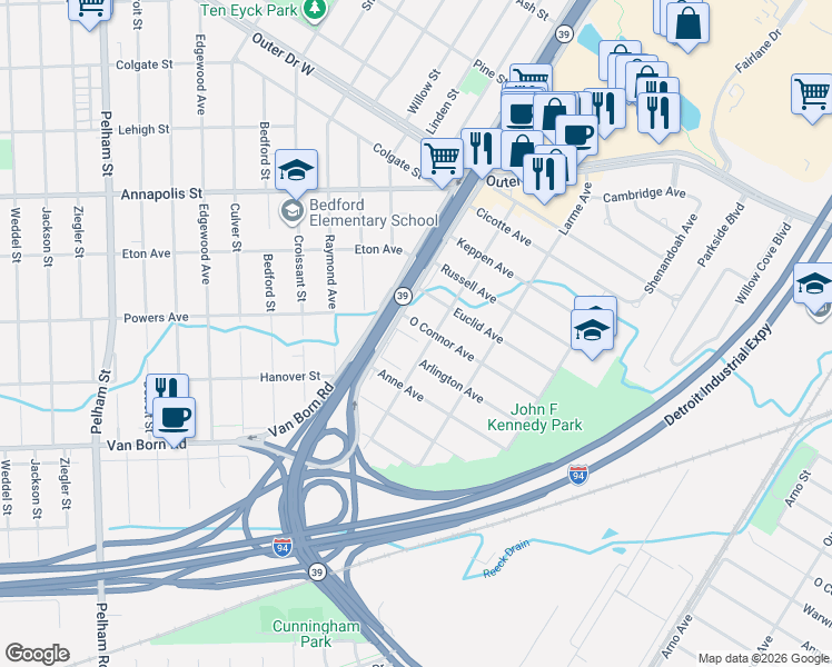 map of restaurants, bars, coffee shops, grocery stores, and more near 5325 Southfield Road in Allen Park