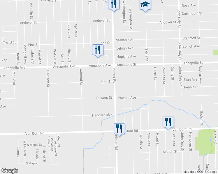 map of restaurants, bars, coffee shops, grocery stores, and more near 4940 Inkster Road in Westland