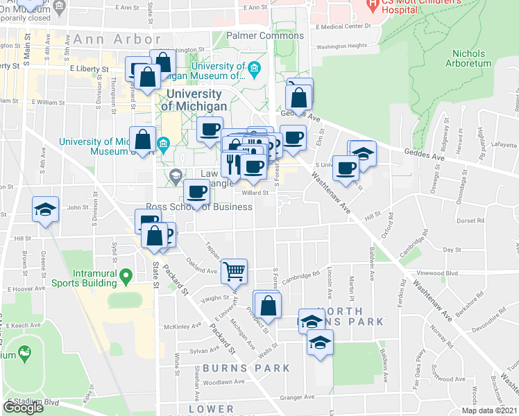 map of restaurants, bars, coffee shops, grocery stores, and more near 721 Church Street in Ann Arbor