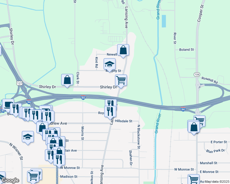 map of restaurants, bars, coffee shops, grocery stores, and more near 2120 Lansing Avenue in Jackson