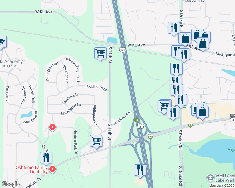 map of restaurants, bars, coffee shops, grocery stores, and more near 1701 South 11th Street in Kalamazoo