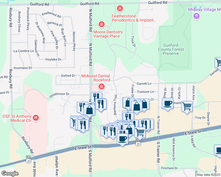 map of restaurants, bars, coffee shops, grocery stores, and more near 494 Bienterra Trail in Rockford