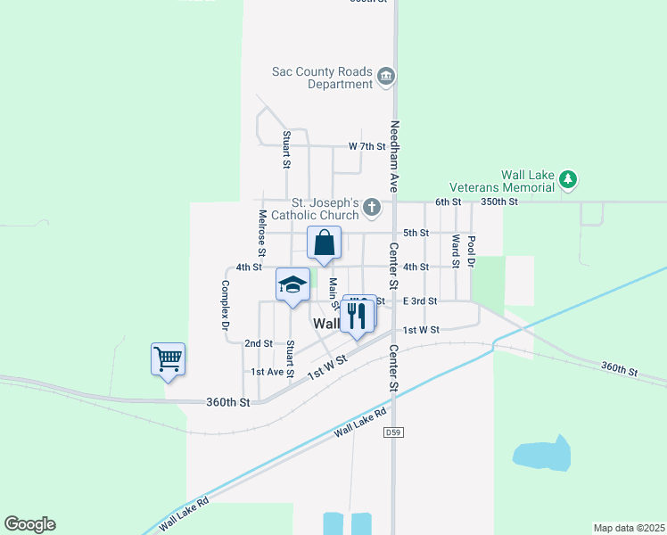 map of restaurants, bars, coffee shops, grocery stores, and more near 300 4th Street in Wall Lake
