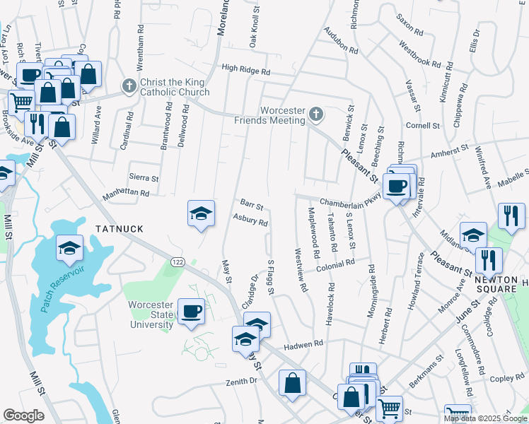 map of restaurants, bars, coffee shops, grocery stores, and more near 29 Barr Street in Worcester
