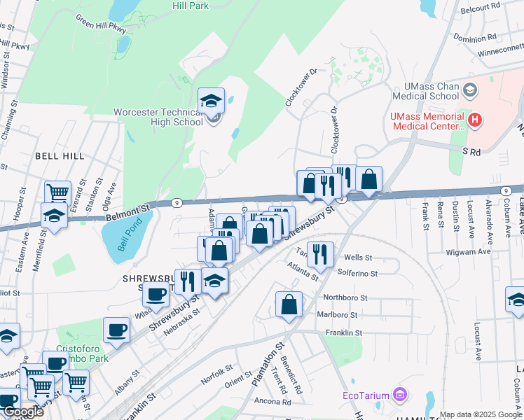 map of restaurants, bars, coffee shops, grocery stores, and more near 24 Prentice Street in Worcester
