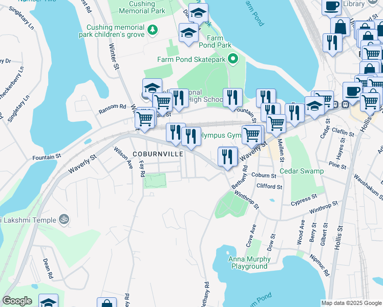 map of restaurants, bars, coffee shops, grocery stores, and more near 818 Waverly Street in Framingham