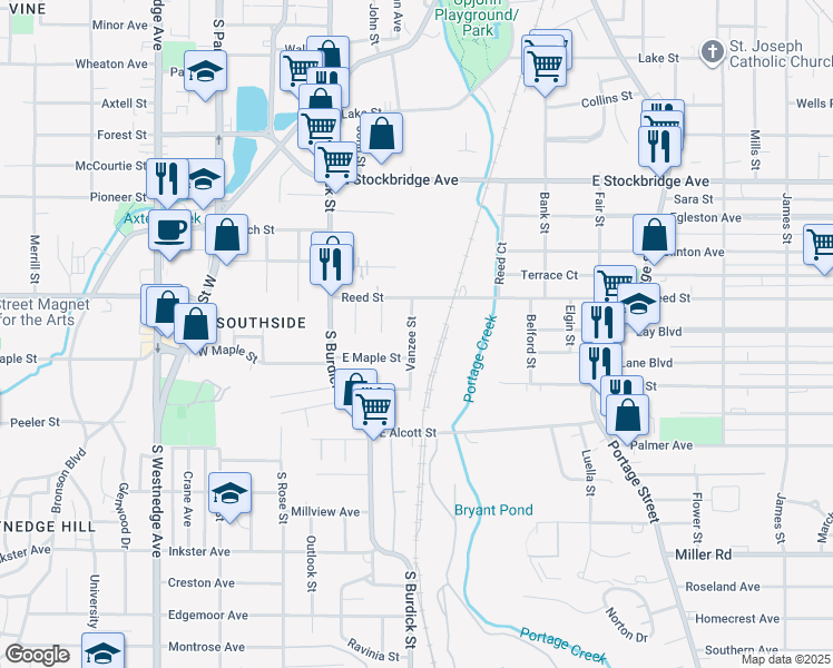 map of restaurants, bars, coffee shops, grocery stores, and more near 1831 Vanzee Street in Kalamazoo