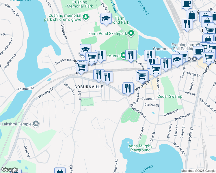 map of restaurants, bars, coffee shops, grocery stores, and more near 818 Waverly Street in Framingham