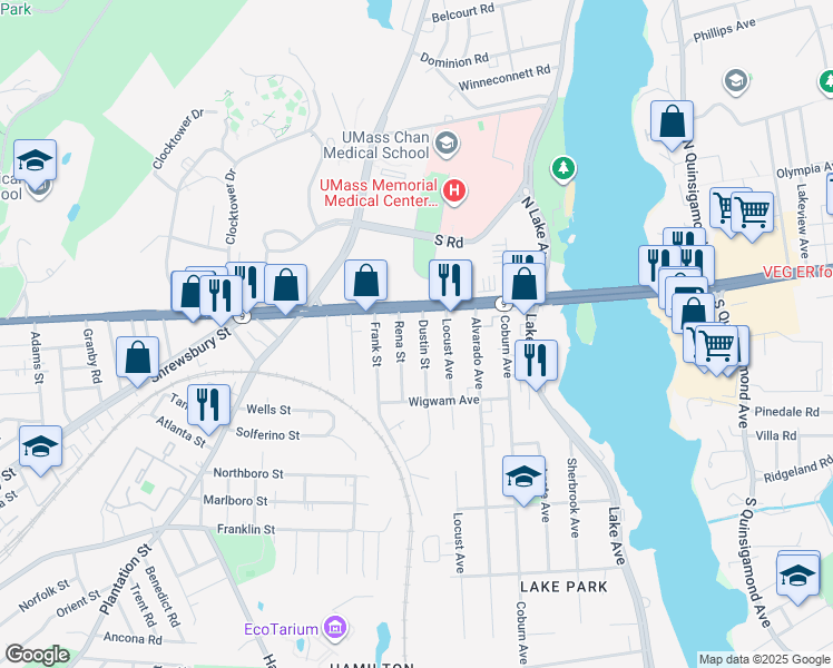 map of restaurants, bars, coffee shops, grocery stores, and more near 21 Dustin Street in Worcester