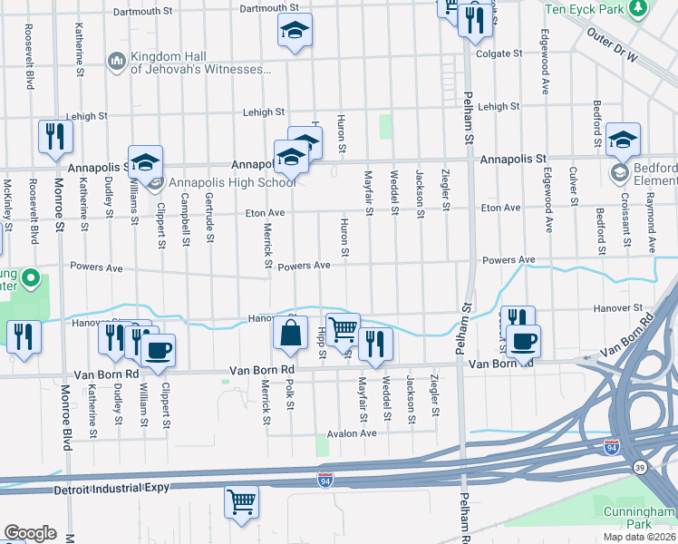 map of restaurants, bars, coffee shops, grocery stores, and more near 20527 Powers Avenue in Dearborn Heights