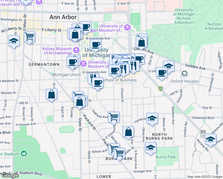 map of restaurants, bars, coffee shops, grocery stores, and more near 700 East University Avenue in Ann Arbor