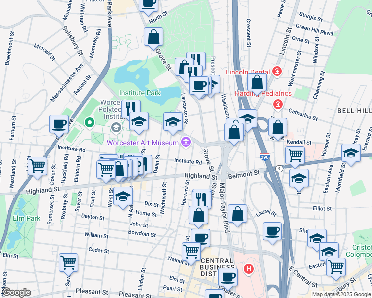 map of restaurants, bars, coffee shops, grocery stores, and more near 55 Salisbury Street in Worcester
