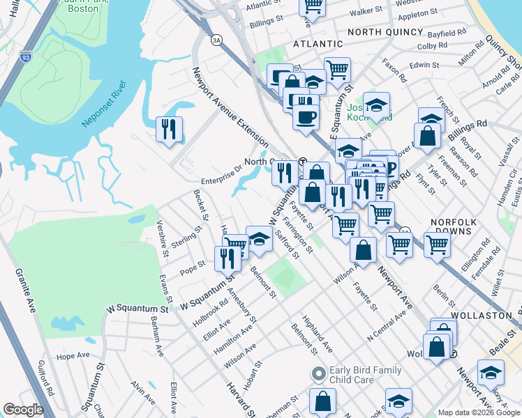 map of restaurants, bars, coffee shops, grocery stores, and more near 115 West Squantum Street in Quincy