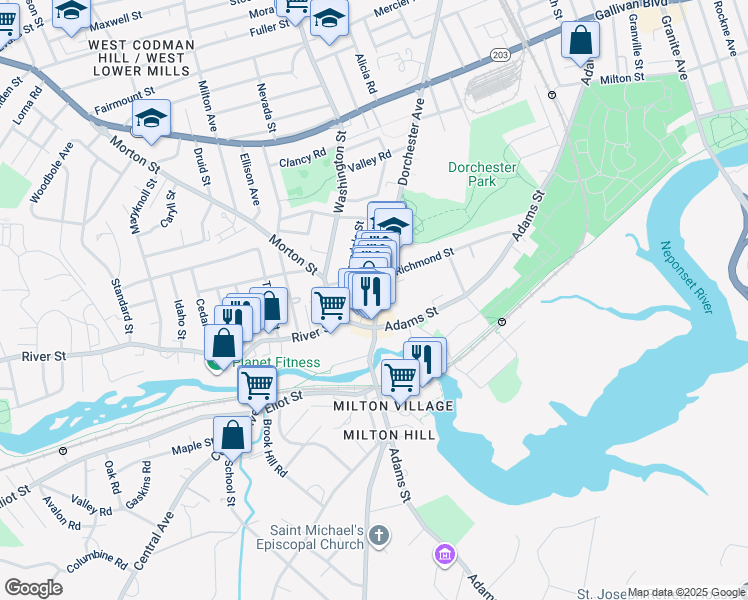 map of restaurants, bars, coffee shops, grocery stores, and more near 2261 Dorchester Avenue in Boston