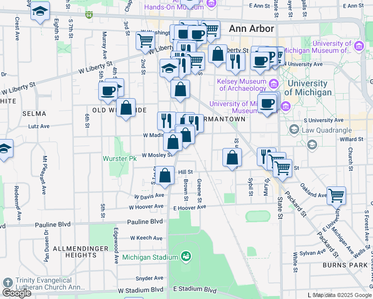 map of restaurants, bars, coffee shops, grocery stores, and more near 637 South Main Street in Ann Arbor