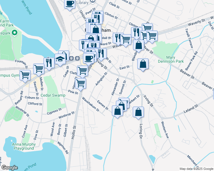 map of restaurants, bars, coffee shops, grocery stores, and more near 11 Arlington Place in Framingham