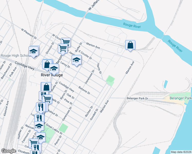 map of restaurants, bars, coffee shops, grocery stores, and more near 118 East Pleasant Street in River Rouge