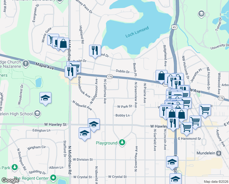 map of restaurants, bars, coffee shops, grocery stores, and more near 611 Blue Spruce Lane in Mundelein