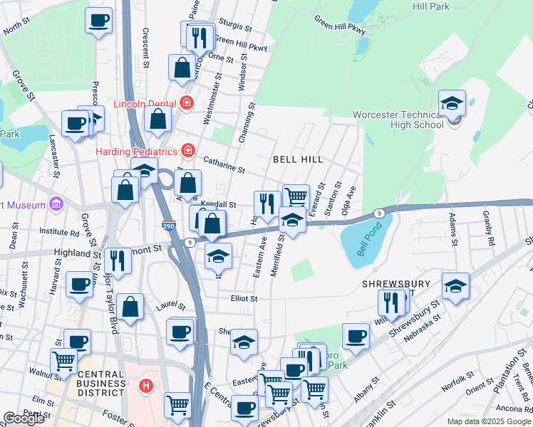 map of restaurants, bars, coffee shops, grocery stores, and more near 140 Eastern Avenue in Worcester