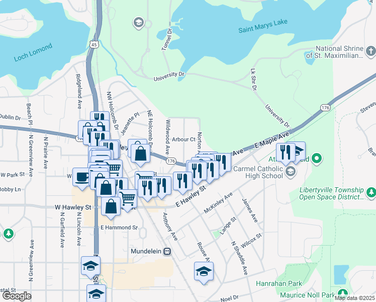 map of restaurants, bars, coffee shops, grocery stores, and more near 615 Greenwood Avenue in Mundelein