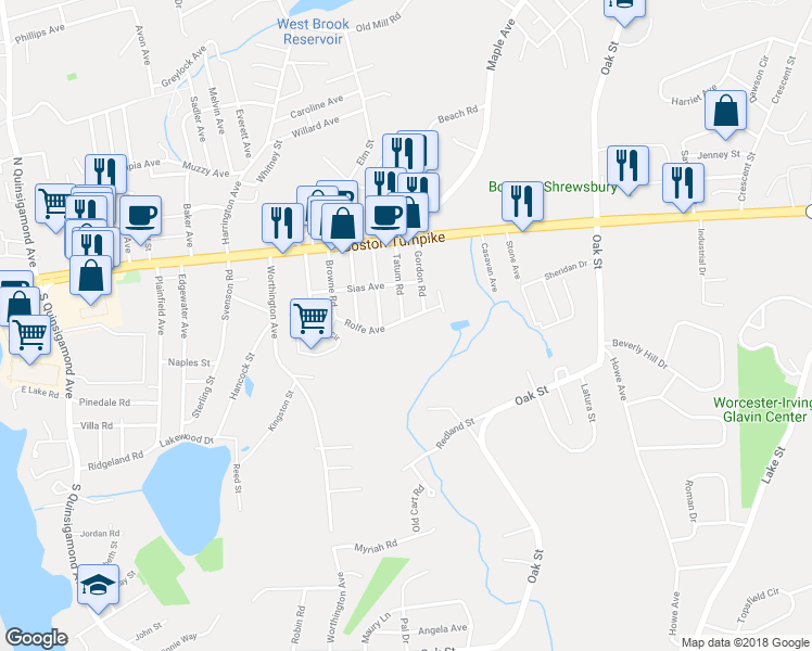 map of restaurants, bars, coffee shops, grocery stores, and more near 58 Rolfe Avenue in Shrewsbury